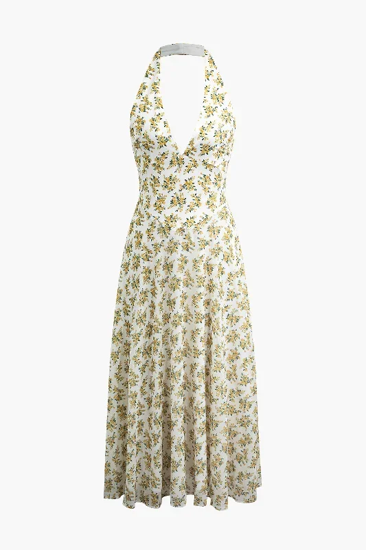 Floral Print Halter Backless Midi Dress