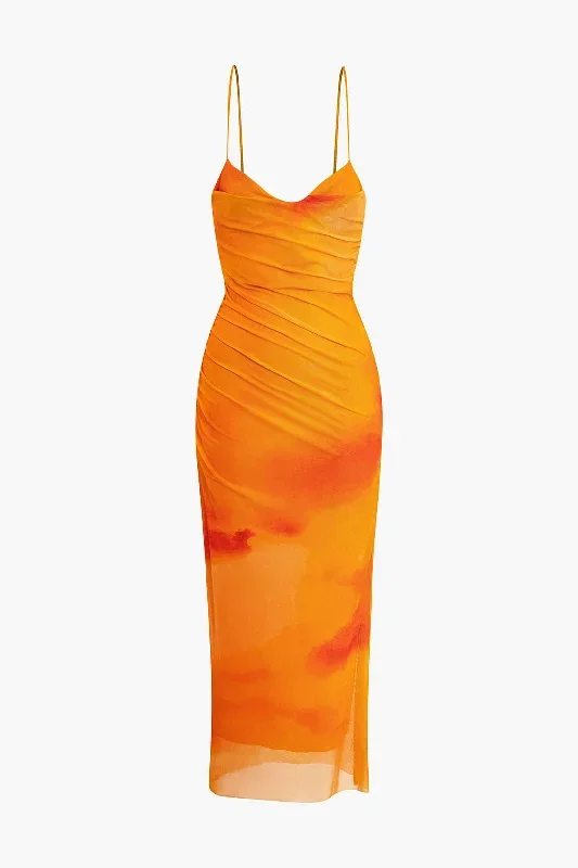 Tie Dye Ruched Mesh Spaghetti Strap Midi Dress