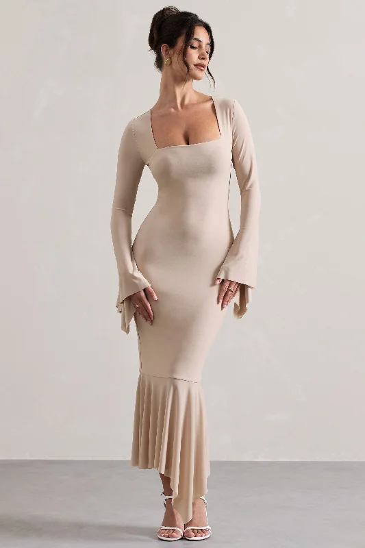 Meliora | Champagne Square-Neck Flute-Sleeve Asymmetric Midi Dress