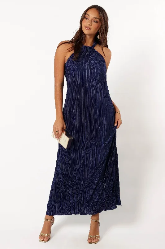 Melody Plisse Halter Maxi Dress - Navy