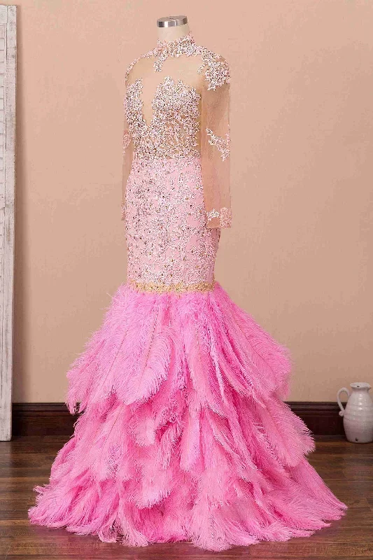 mermaid-illusion-neck-pink-lace-prom-dress-with-fur