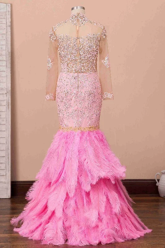 mermaid-illusion-neck-pink-lace-prom-dress-with-fur