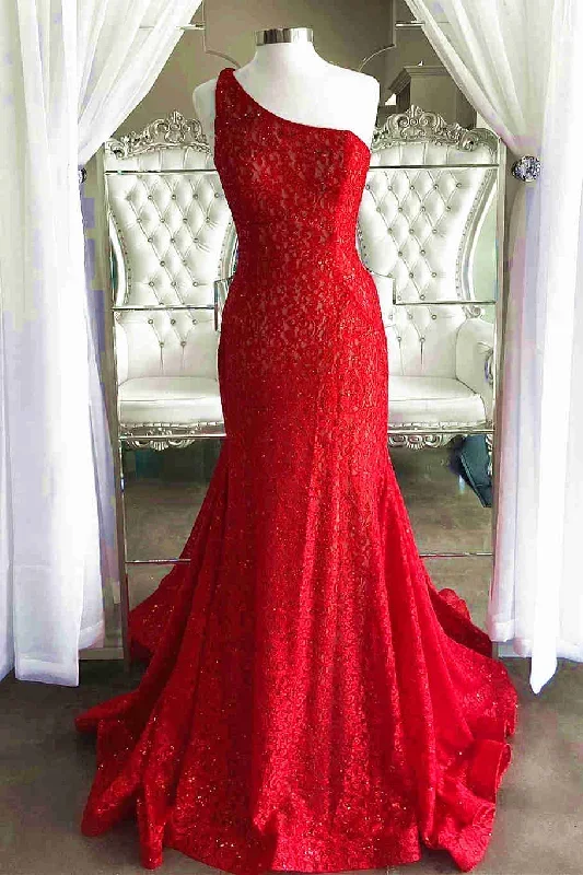 Mermaid Red One Shoulder Lace Long Prom Dress