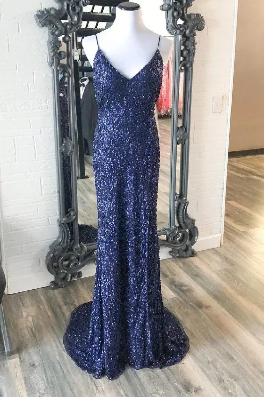 Navy Blue Sequin V-Neck Mermaid Long Prom Dress