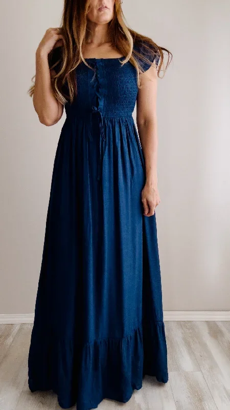 Navy Smocked Lace Up Woven Maxi Dress