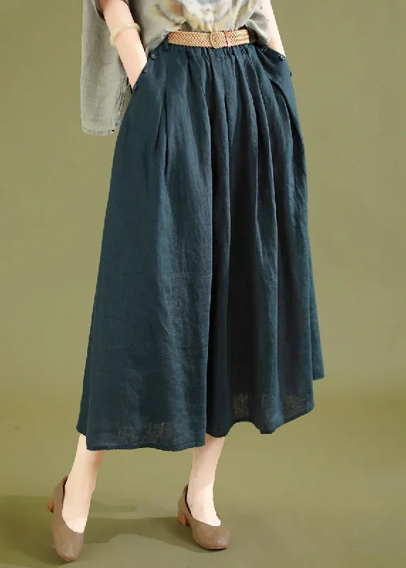 Navy Wrinkled Solid Linen Skirts Elastic Waist Summer