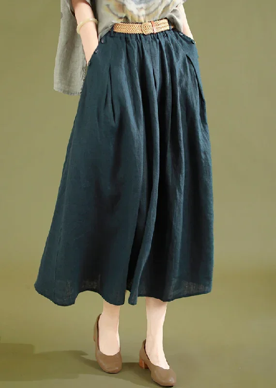 navy-wrinkled-solid-linen-skirts-elastic-waist-summer