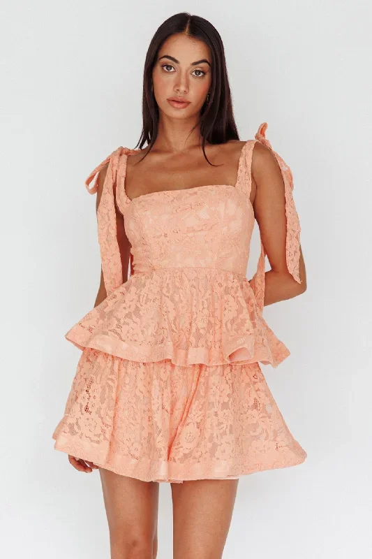 Neriah Tied Shoulder Tiered Lace Mini Dress Orange