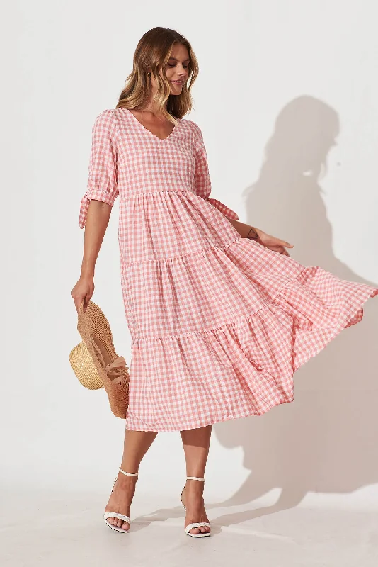 Odewick Midi Dress In Watermelon Pink Gingham