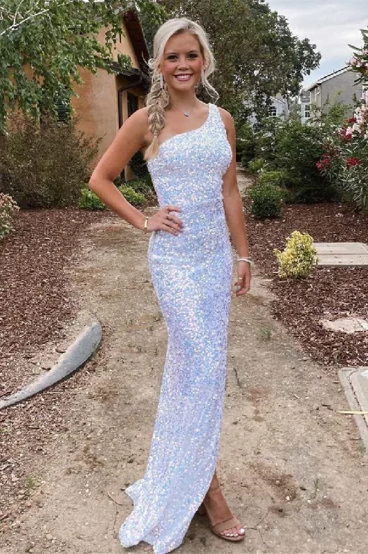 One Shoulder Side Slit White Sequins Long Prom Gown