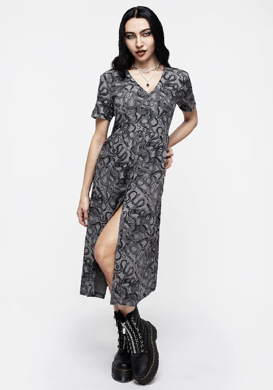 Ophidia Snakes Print Button Down Midi Dress - Grey