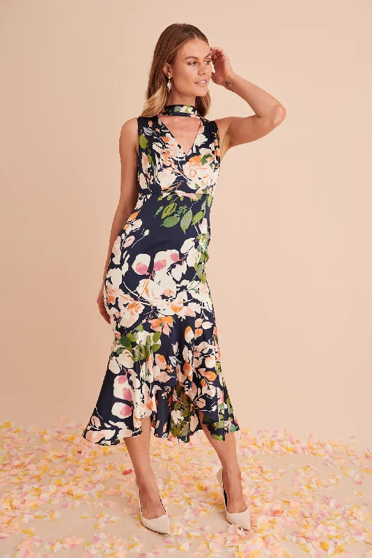 Oprah Midi Dress In Navy Multi Print Satin