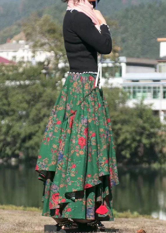 organic-green-print-cinched-asymmetrical-patchwork-cotton-skirts-fall