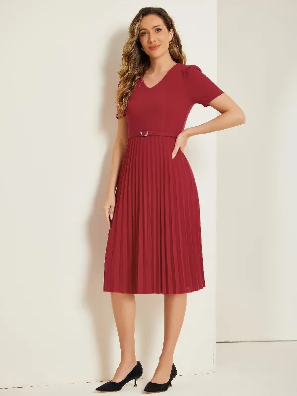 V-Neck Short Sleeve Below Knee Belted A-Line Pleated Dress