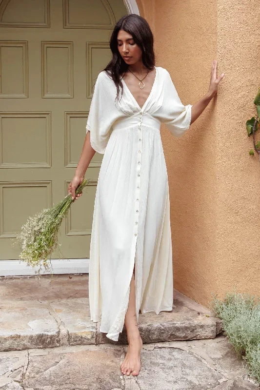 Paradise Found V-Neck Button Maxi Dress Natural