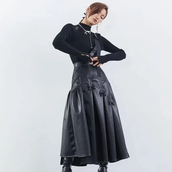 patchwork-wrinkle-bow-solid-pu-skirt-women-2020-winter-casual-fashion-clothes