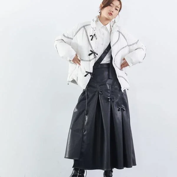 patchwork-wrinkle-bow-solid-pu-skirt-women-2020-winter-casual-fashion-clothes