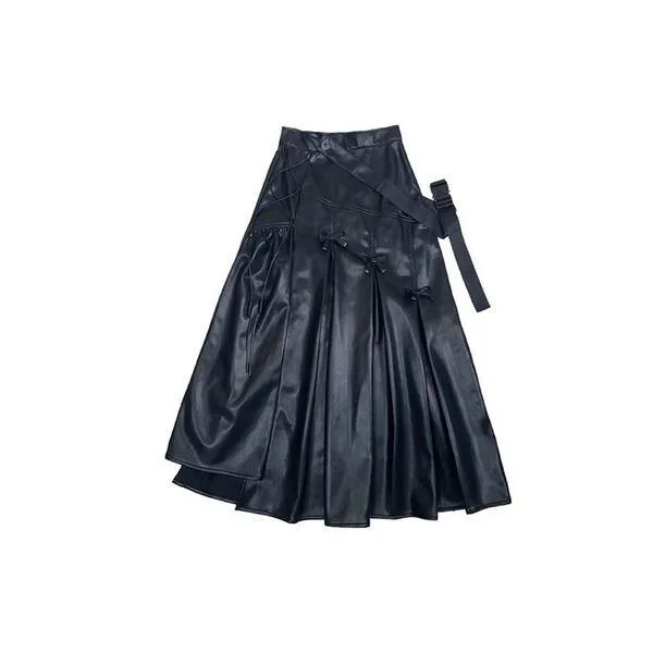 patchwork-wrinkle-bow-solid-pu-skirt-women-2020-winter-casual-fashion-clothes