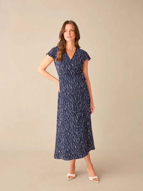 Petite Navy Dash Print Wrap Midi Dress