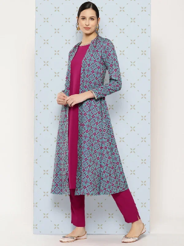 Pink Crepe Digital Ethnic Printed Jacket Style Kurta with Pant