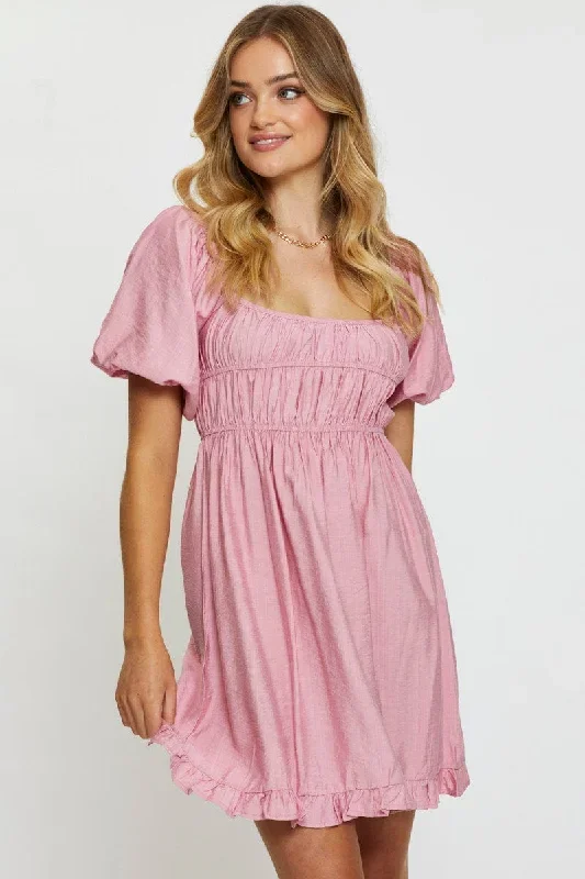 Pink Mini Dress Short Sleeve Evening