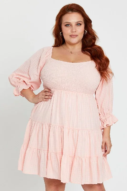 Pink Skater Dress Scoop Neck Long Sleeve Ruffle Hem