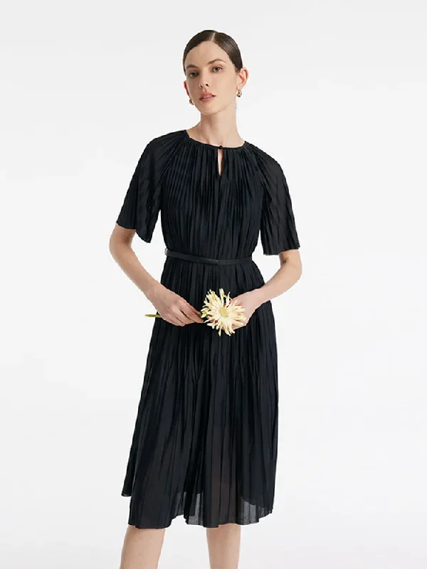 Pleated Round Neck Women Midi Dress With Leather Belt