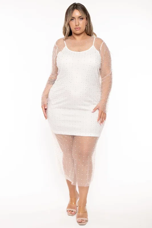 Plus Size Aceline Pearl & Rhinestone Mesh Dress - White