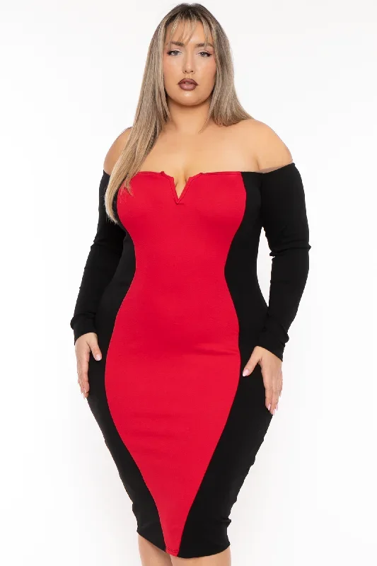 Plus Size Celestielle Hour Glass Illusion  Dress - Red