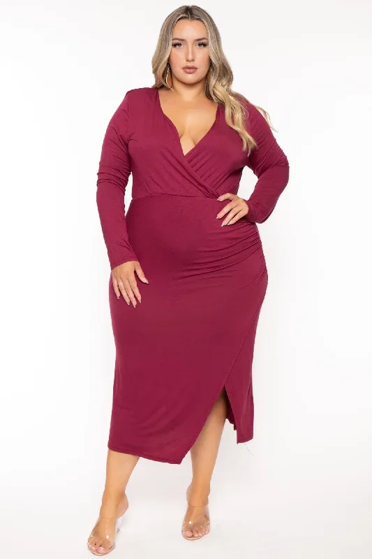 Plus Size Christa  Faux Wrap Midi  Dress - Burgundy