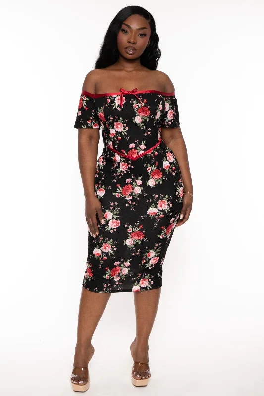 Plus Size Delaide Floral Midi Dress- Black