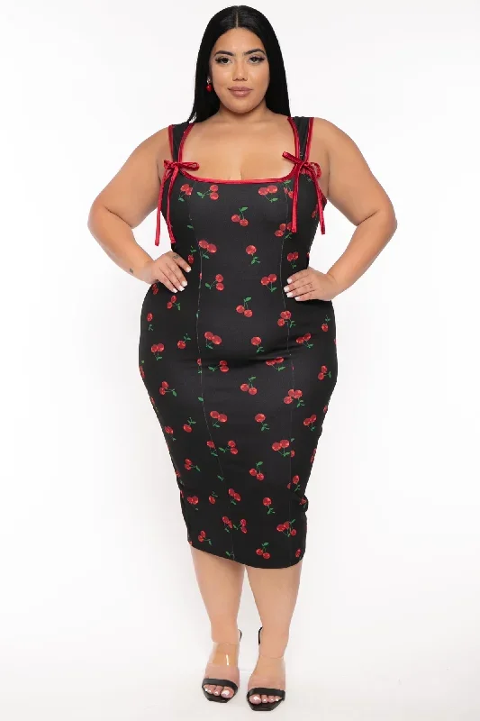 Plus Size Mirsa Cherry Midi Dress- Black