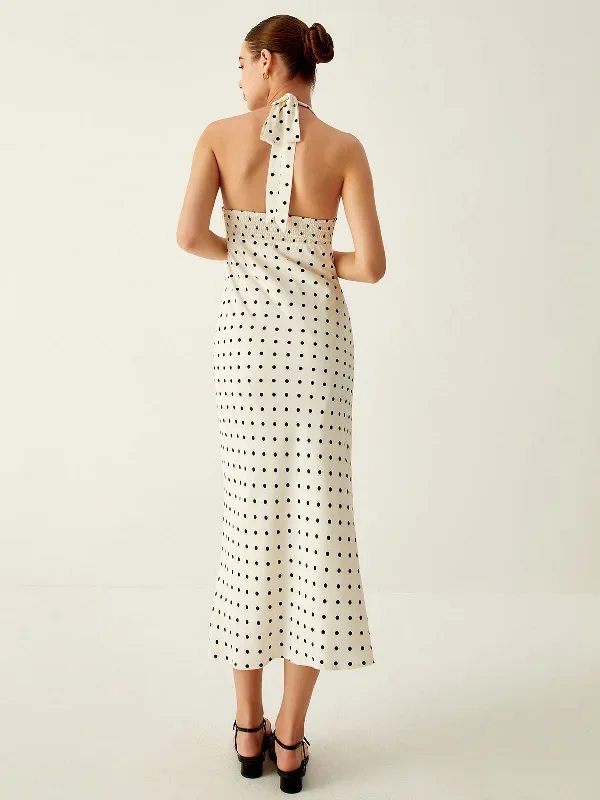 polka-dot-print-v-neck-halter-midi-dress