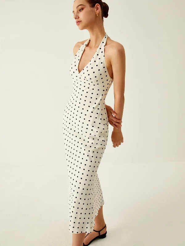 polka-dot-print-v-neck-halter-midi-dress