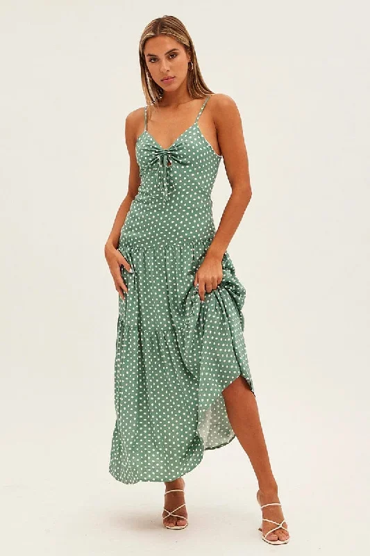 Print Polka Dot Maxi Dress Sleeveless Tie Front Tiered Polka Dot