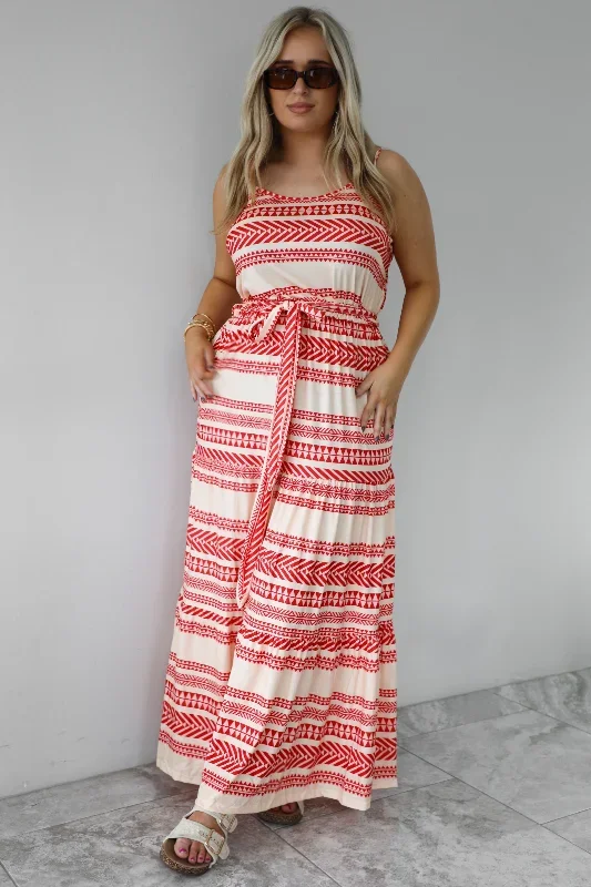 Printed Maxi Dress: Coral Red/Cream