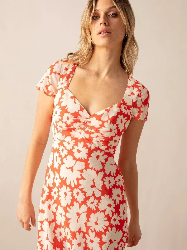 Red Daisy Print Sweetheart Neckline Midi Dress