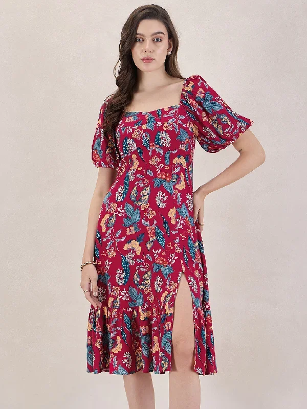 Red Floral Front Slit Midi Dress