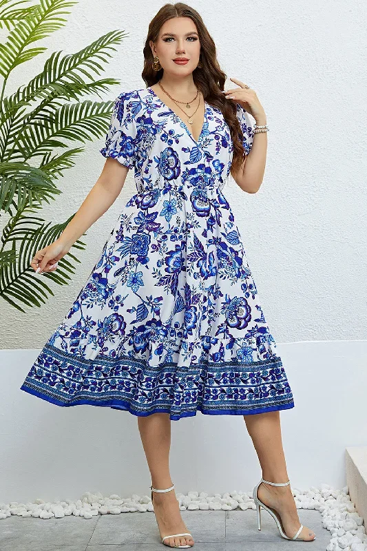 Robe d’été Blue Col en V grande taille à manches courtes