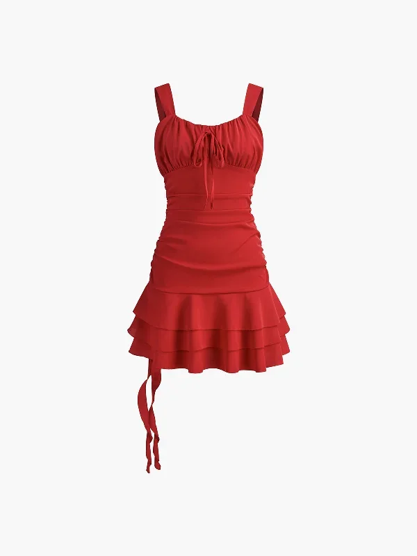 Romantic Solid Layered Ruffle Zipper Dress