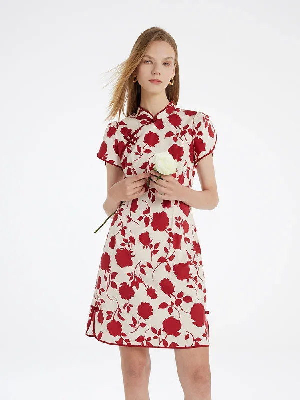 Rose Printed Mandarin Collared Women Qipao Mini Dress