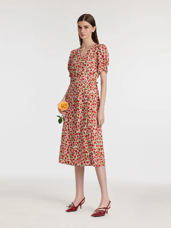 Rose Printed V-Neck Tied Women Midi Dress