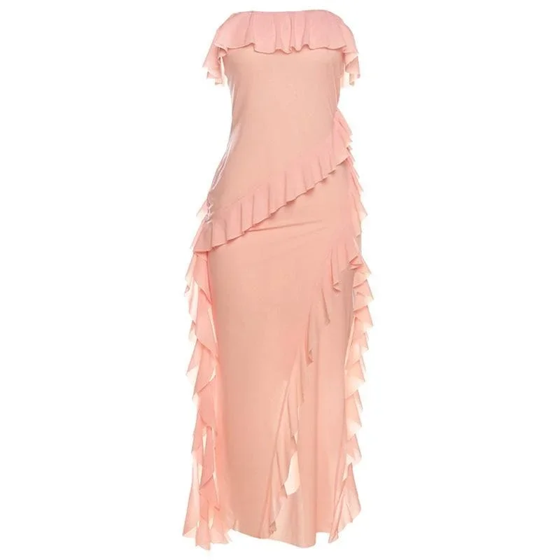 ruffle-solid-slit-irregular-backless-tube-midi-dress