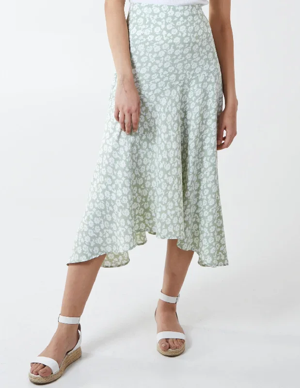 Floral Print Asymmetric Midi Skirt