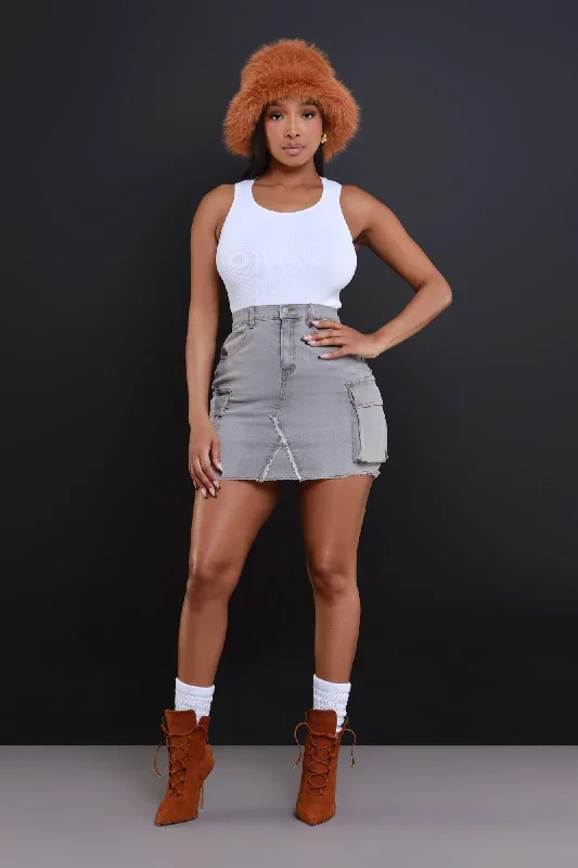 Season Ticket Washed Denim Cargo Skirt - Grey