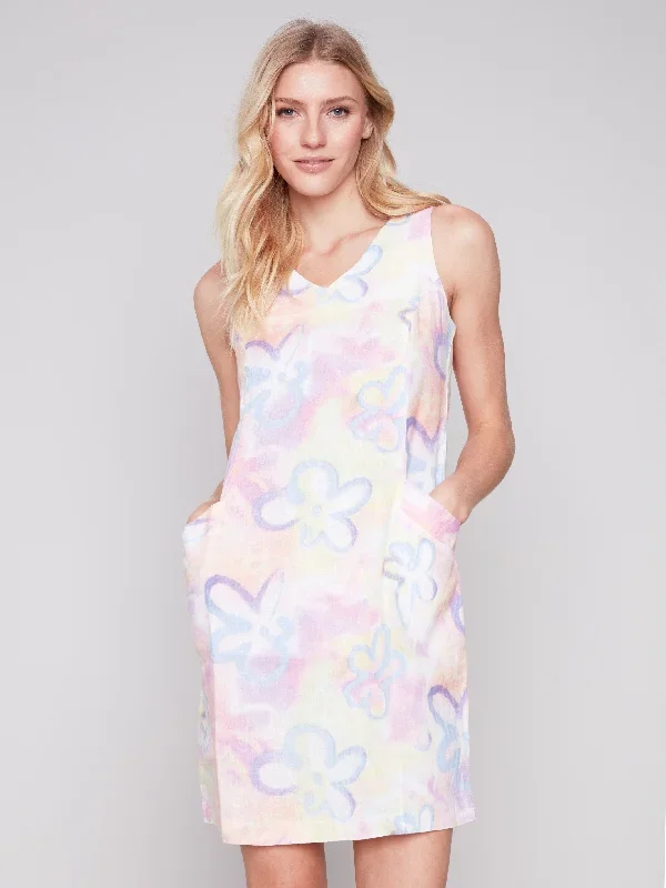 Sleeveless Printed Linen Dress - Graffiti Flower