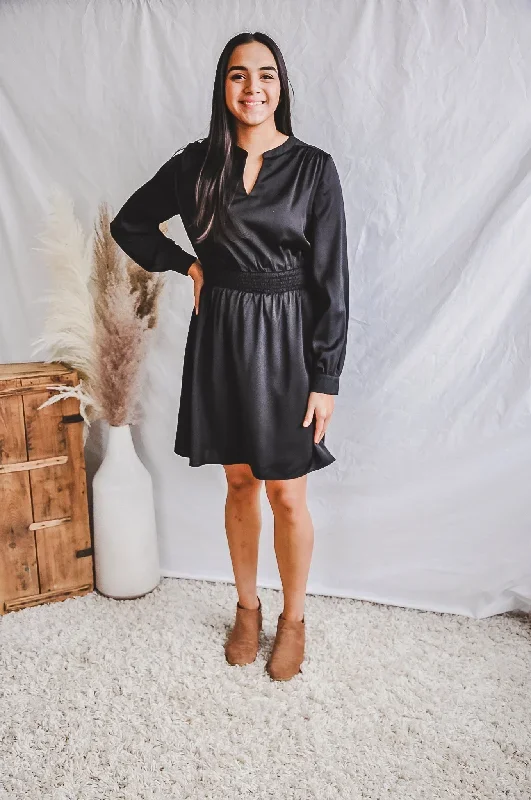 Smocked Waist Black V-neck Dress