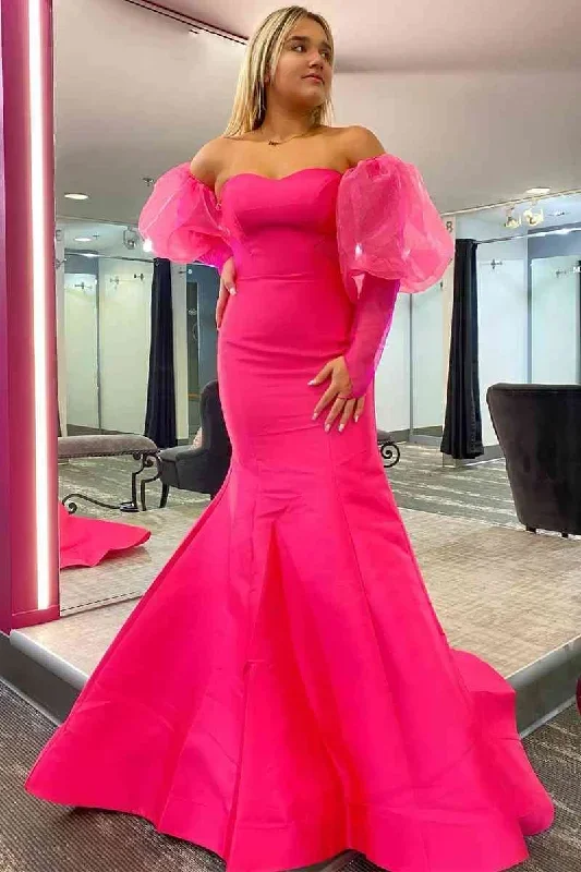 sweetheart-hot-pink-puff-sleeves-satin-mermaid-prom-dress