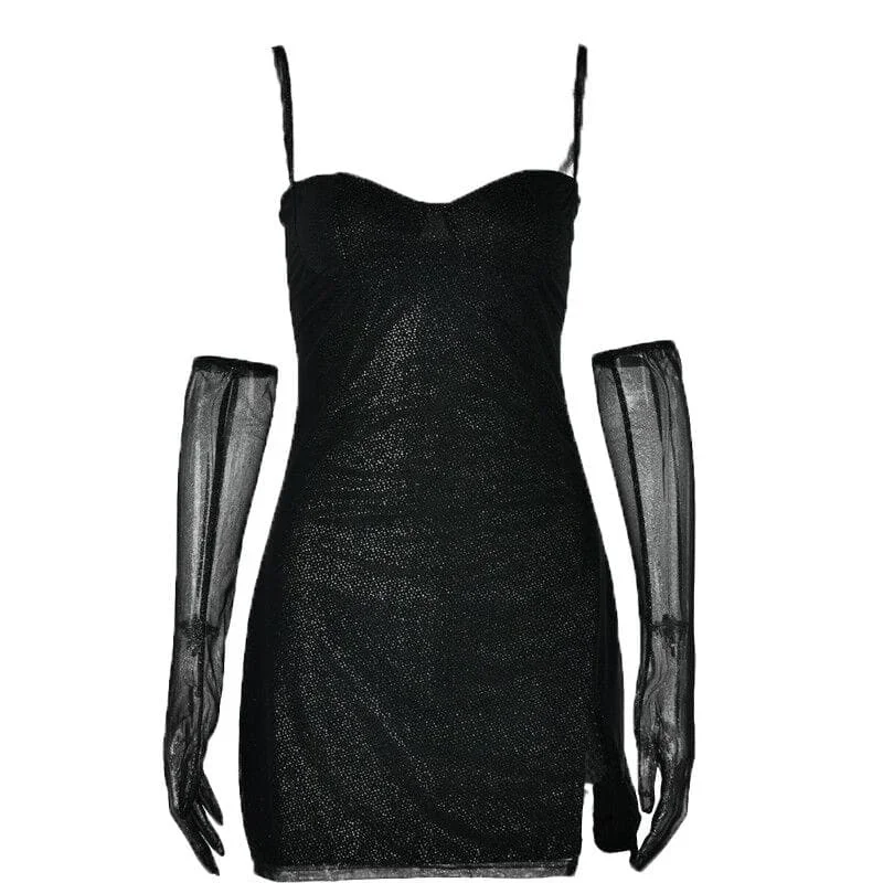 textured-mesh-gloves-sweetheart-neck-zip-up-slit-cami-mini-dress