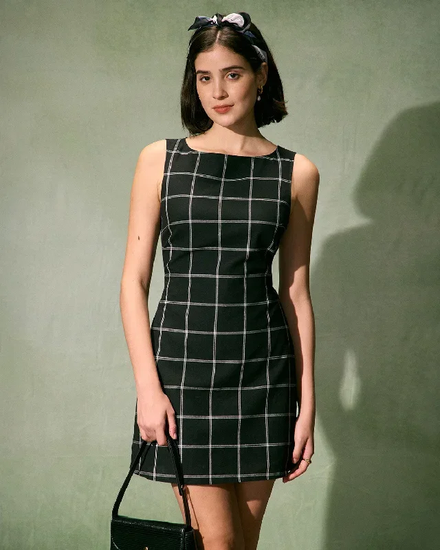 The Black Boat Neck Cotton Linen Plaid Mini Dress